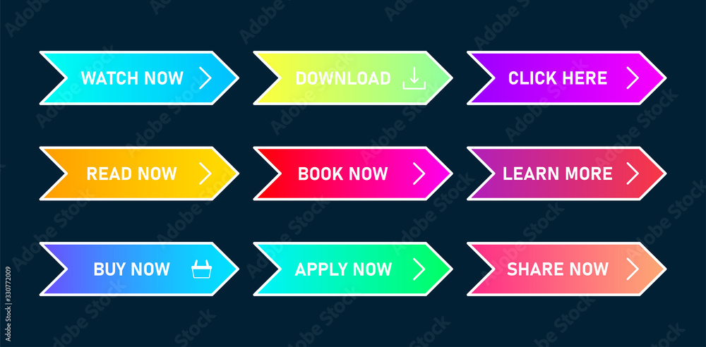 Poster set of vector modern trendy flat buttons on dark blue background. different colors of main shapes an