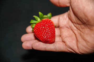  Strawberry in a man's hand, on a black background