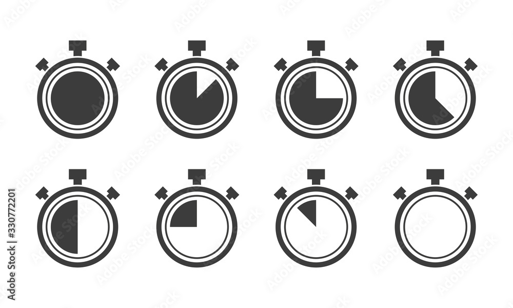 Poster stopwatch big gray icons set. timer symbols on white background. different time. vector