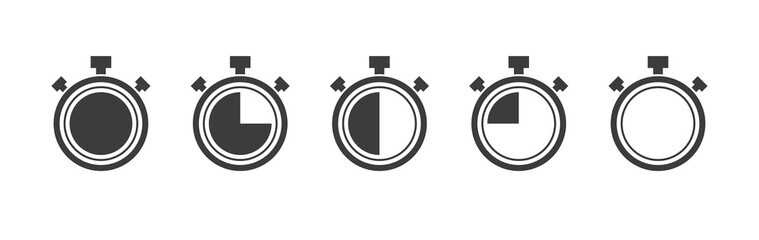 Stopwatch gray icons set. Timer symbols on white background. Five icon. Vector