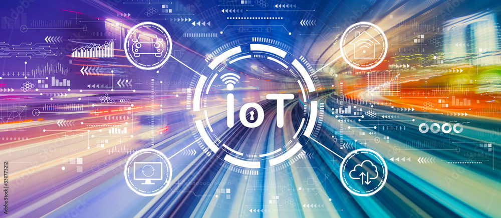 Poster iot theme with abstract high speed technology pov motion blur