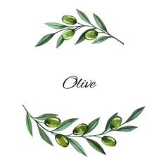 Watercolor illustration with olive branches and berries frame. Floral illustration for wedding stationary, greetings, wallpapers, fashion and invitations.