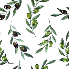 Watercolor illustration with olive branches and berries seamless pattern. Floral illustration for wedding stationary, greetings, wallpapers, fashion and invitations.