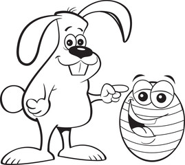 Black and white illustration of a rabbit pointing to a decorated Easter egg.