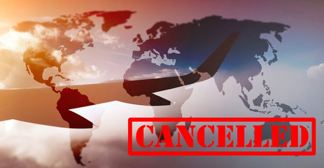 Cancelled flights due to coronavirus outbreak. Banned travels with airplanes. 