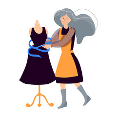 Vector clip art woman gray haired tailor seamstress creates a dress. Flat illustration hand drawn on a white background. Business, atelier sewing, dressmaking and sewing threads.