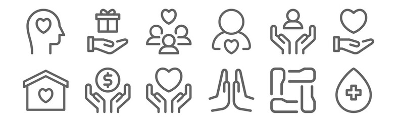 set of 12 charity icons. outline thin line icons such as blood donation, praying, donation, support, people, donation - obrazy, fototapety, plakaty