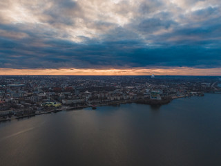 закат в городе с высоты, sunset in the city from above