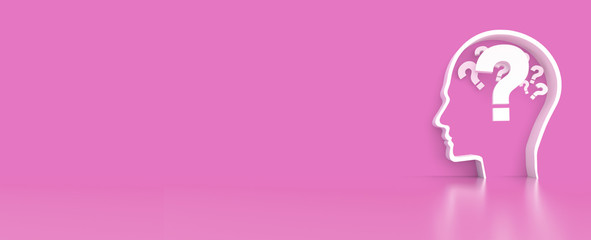 Moving Questionmarks in Human Head outline in front of a color wall background. Business Psychology concept