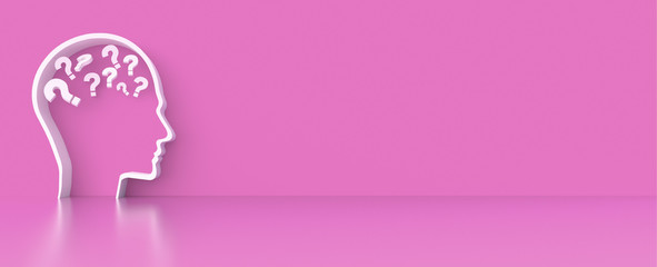 Moving Questionmarks in Human Head outline in front of a color wall background. Business Psychology concept