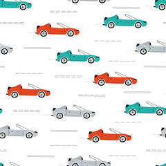 Cute children's seamless pattern with cars, road on a white background. Illustration of a town in a cartoon style for Wallpaper, fabric, and textile design. Vector