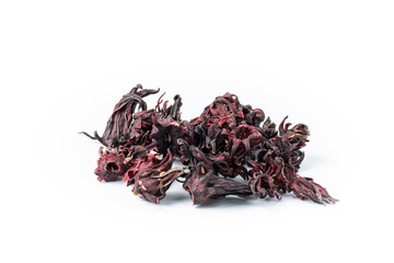 Thai herbs dried, such as roselle, quince, jujube, Chinese medicinal properties. Hypertension, heart disease on a black ceramic plate, white background