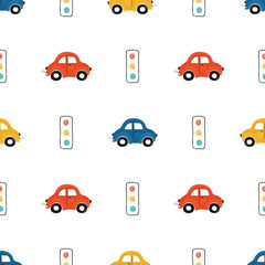 Cute children's seamless pattern with red, blue and yellow small cars on a light background. Illustration of a automobils in a cartoon style for Wallpaper, fabric, and textile design. Vector