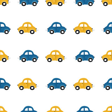 Cute children's seamless pattern with blue and yellow small cars on a light background. Illustration of a automobils in a cartoon style for Wallpaper, fabric, and textile design. Vector