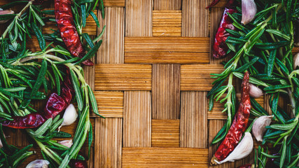 : Food ingredients Stir fried chicken with basil Spicy Thai food Decorated with beautiful space on a custom made bamboo floor