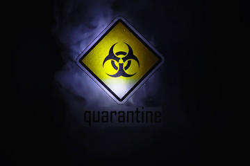 Quarantine. Quarantine warning sign on a glass door in a hospital isolator. Isolation of patients...