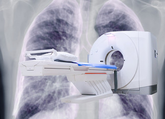 multi detector CT Scanner ( Computed Tomography ) on chest x-ray background for diagnosis covid -...