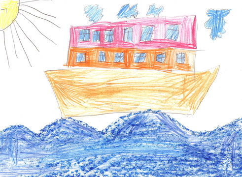 Child drawing ship in sea.Pencil art in childish style
