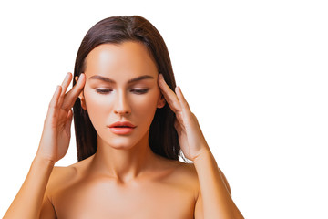 Fototapeta premium Close up portrait Fashion natural makeup. Beauty. Beautiful makeup peach lips. Perfect Smooth tanned skin. Studio shot. Sexy lacquer lips 