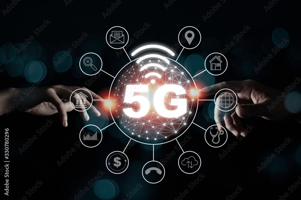 Poster two hand touching to 5g wireless network telecommunication and mobile internet signal. internet of t