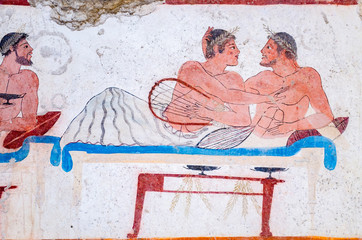 Paestum, ancient frescoes in the tomb of the diver