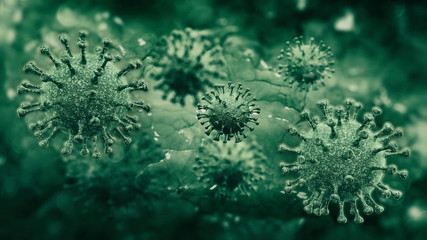 Green organic coronaviruses enlarged microscopic view as 3D illustration.