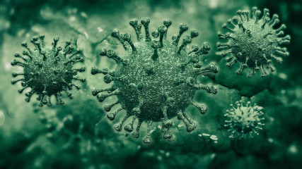 Fototapeta na wymiar Green organic coronaviruses enlarged detailed microscopic view as 3D illustration.
