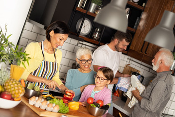 Family around kitchen table