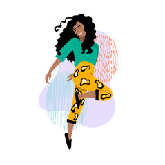Young dancing woman with curvy hair in fashionable clothes on abstract background. Happy girl drawing in flat style. International Women's Day. Vector illustration isolated on white.
