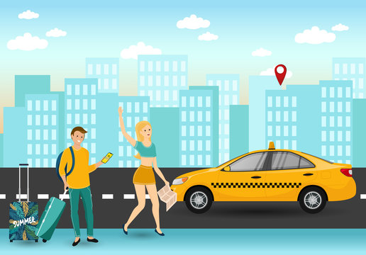 Order Taxi Online Service. People Tourist with Baggage, Girl Call Online Support, Order Cab. Online Rent. Couple Standing near Taxi Car. Man and Woman Ordering Vehicle.