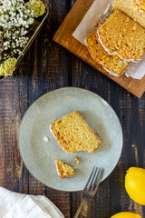 Homemade lemon cake on a wooden background. Recipe. Vegetarian food. Pastries.