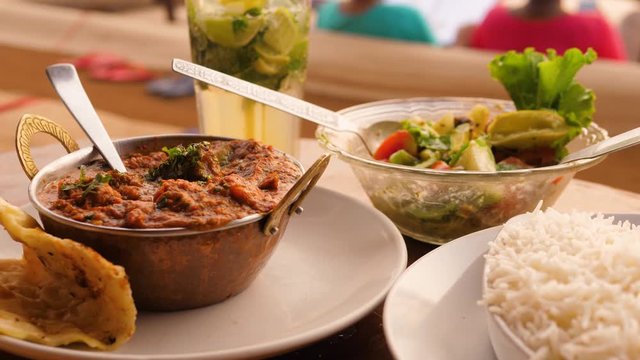 Chicken tikka masala spicy curry meat food Butter chicken with rice traditional indian food in india cafe