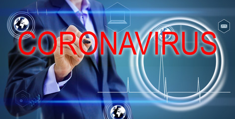 Hand with digital medical interface on corona virus background. Technology and medicine concept