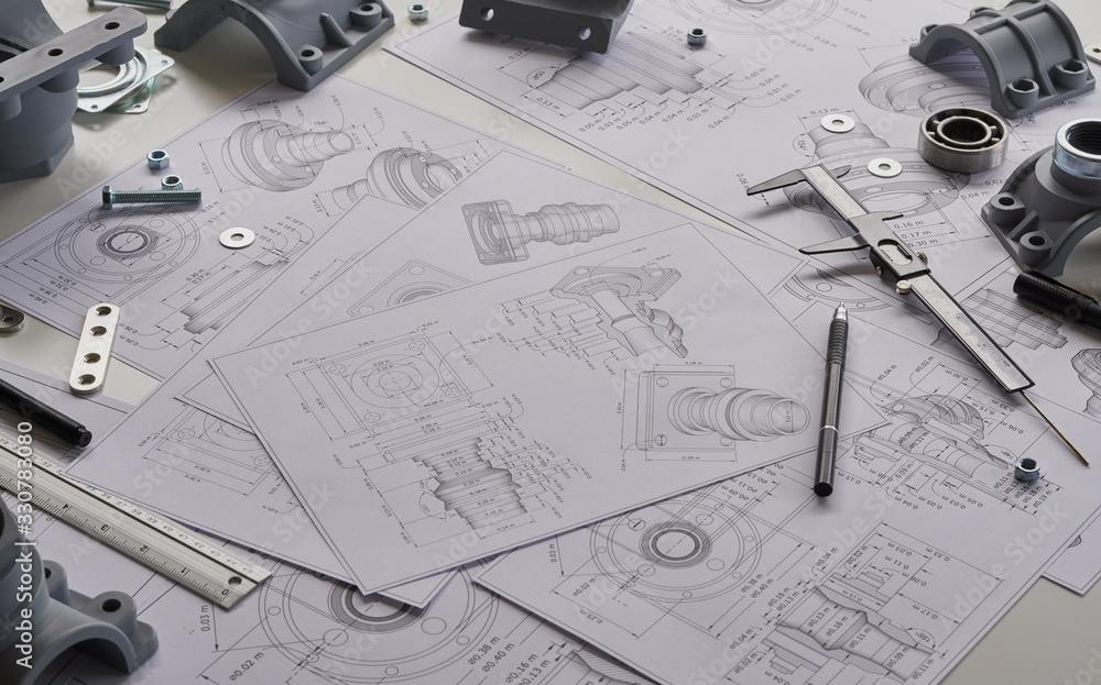 Poster engineer technician designing drawings mechanical parts engineering engine.manufacturing factory ind