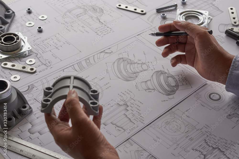 Poster Engineer technician designing drawings mechanical parts engineering Engine.manufacturing factory Industry Industrial work project blueprints measuring bearings caliper tools