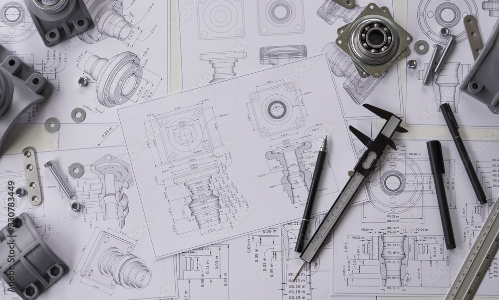 Poster Engineer technician designing drawings mechanical parts engineering Engine.manufacturing factory Industry Industrial work project blueprints measuring bearings caliper tools