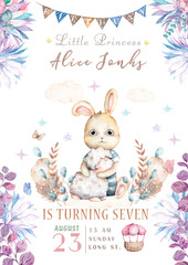 Baby shower bunny invitation card. Hand drawn watercolor bunny with floral background for little Princess