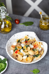 Italian orecchiette pasta with spinach and tomatos