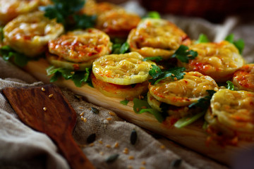 Sandwiches from zucchini with herbs. Rustic snacks still life.