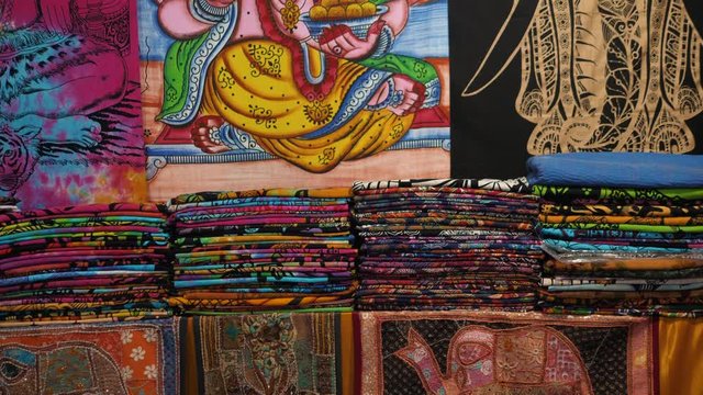 Indian clothes market patchwork carpet in Rajasthan, India.