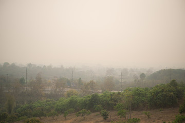 High angle view of the northern of Thailand, The problem of dust in the air (PM 2.5) in Chiang Rai. Smog city from PM 2.5 dust.