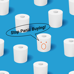 Seamless Pattern of Toilet Paper Rolls with Warning Message about Panic Buying.