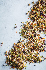 Mix of dry beans, peas, lentils and mung beans. Raw ingredients for bean soup background.