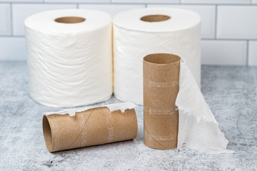 Empty roll of toilet paper in bathroom