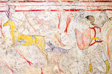Paestum, ancient frescoes in the tomb of fighting warriors, Italy