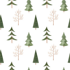 Fototapeta premium Watercolor hand drawn seamless pattern with abstract winter trees. Coniferous forest modern print isolated on white background good for wallpaper, textile, print etc.