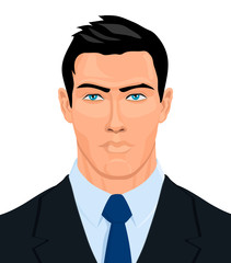 Portrait of strong man in black jacket, white shirt and blue tie. Vector illustration.