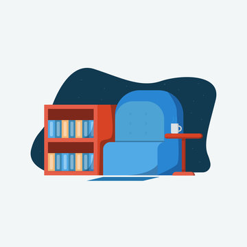 Read Station. Book Shelf , Sofa , Coffee Is Good For Reading Time. Flat Vector Illustration EPS.10