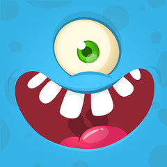 Funny cartoon monster cyclops face. Vector Halloween monster square avatar.