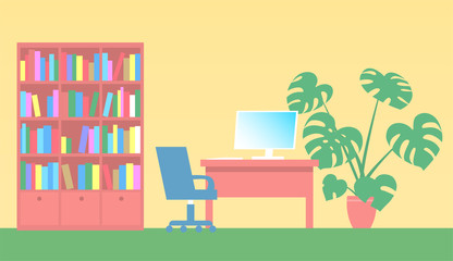 A study with a desktop computer, a bookcase and an indoor plant. Yellow background. Vector flat illustration.